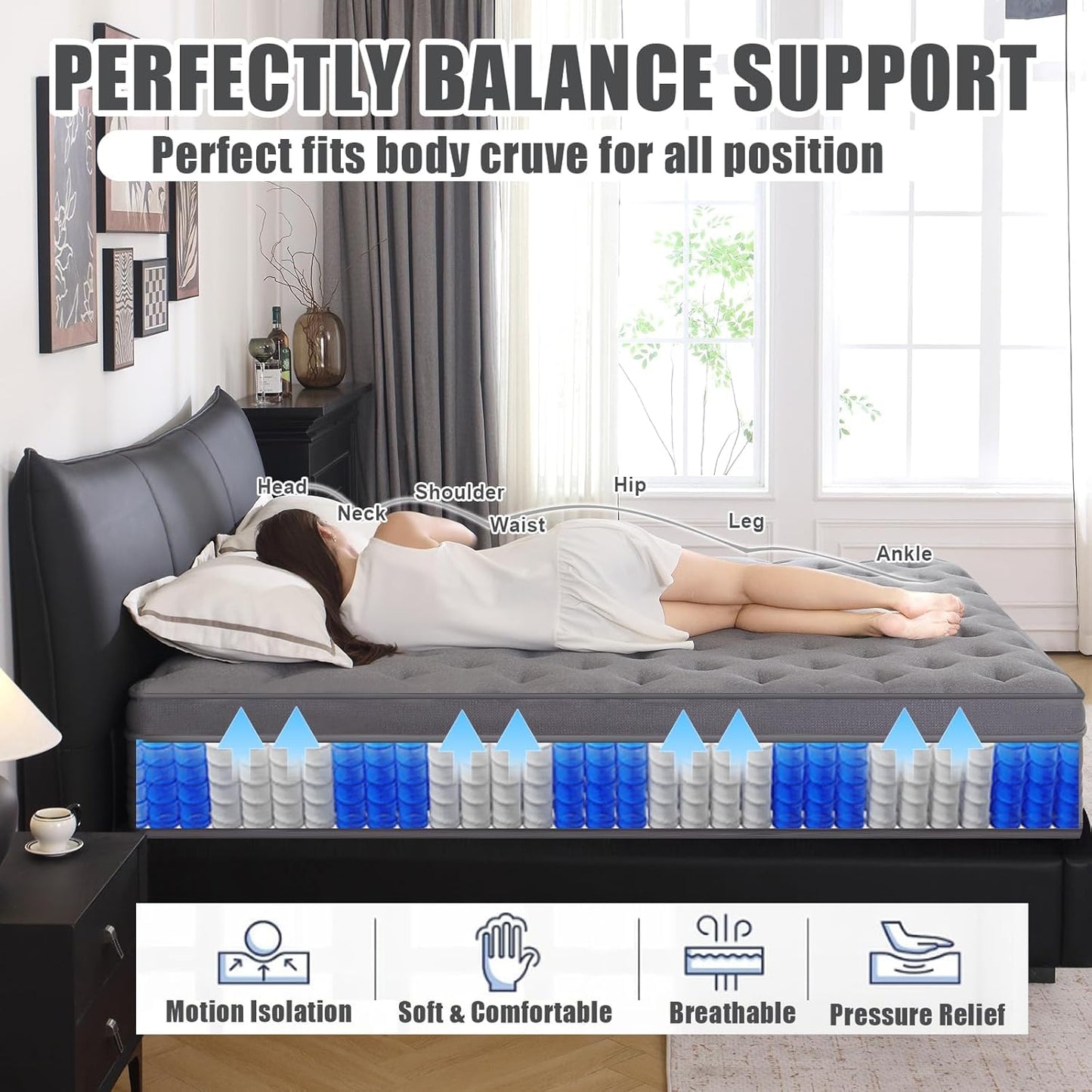 Vantto King Size Mattress, 12 Inch King Size Hybrid Memory Foam Mattress with Upgrade Pocket Springs, Pressure Relief, Breathable Comfort and Durable, CertiPUR-US Certified, Medium Firm