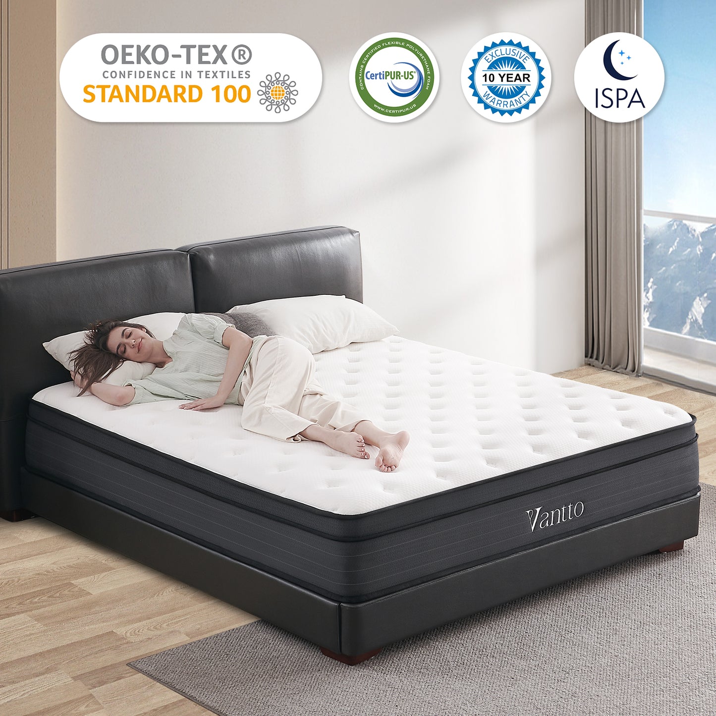 Vantto Queen Mattress, 12 Inch Hybrid Mattress in a Box, Queen Size Memory Foam Mattress with Pocket Springs for Motion Isolation Pressure Relief, CertiPUR-US, 100 Nights Trial