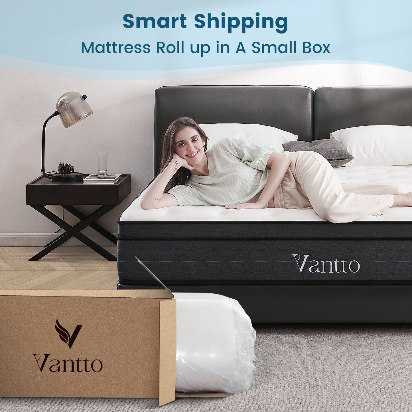 Vantto Queen Mattress, 12 Inch Hybrid Mattress in a Box, Queen Size Memory Foam Mattress with Pocket Springs for Motion Isolation Pressure Relief, CertiPUR-US, 100 Nights Trial